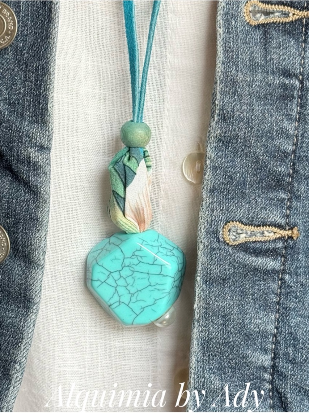 Exaggerated Turquoise acrylic Pendant Necklace with Teal Suede Cord - Picture 9 of 9
